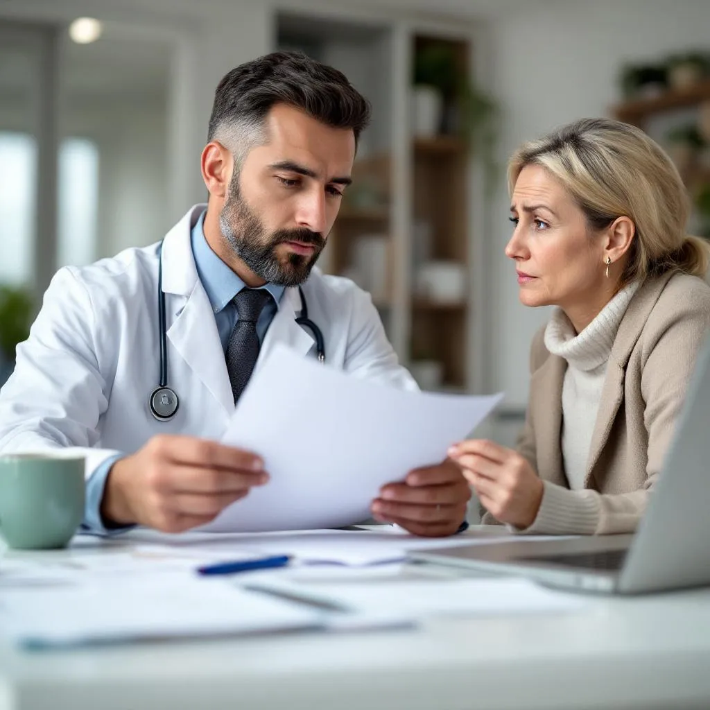 Doktor ve hasta konsültasyon için hazırlanırken dosyaları inceliyor