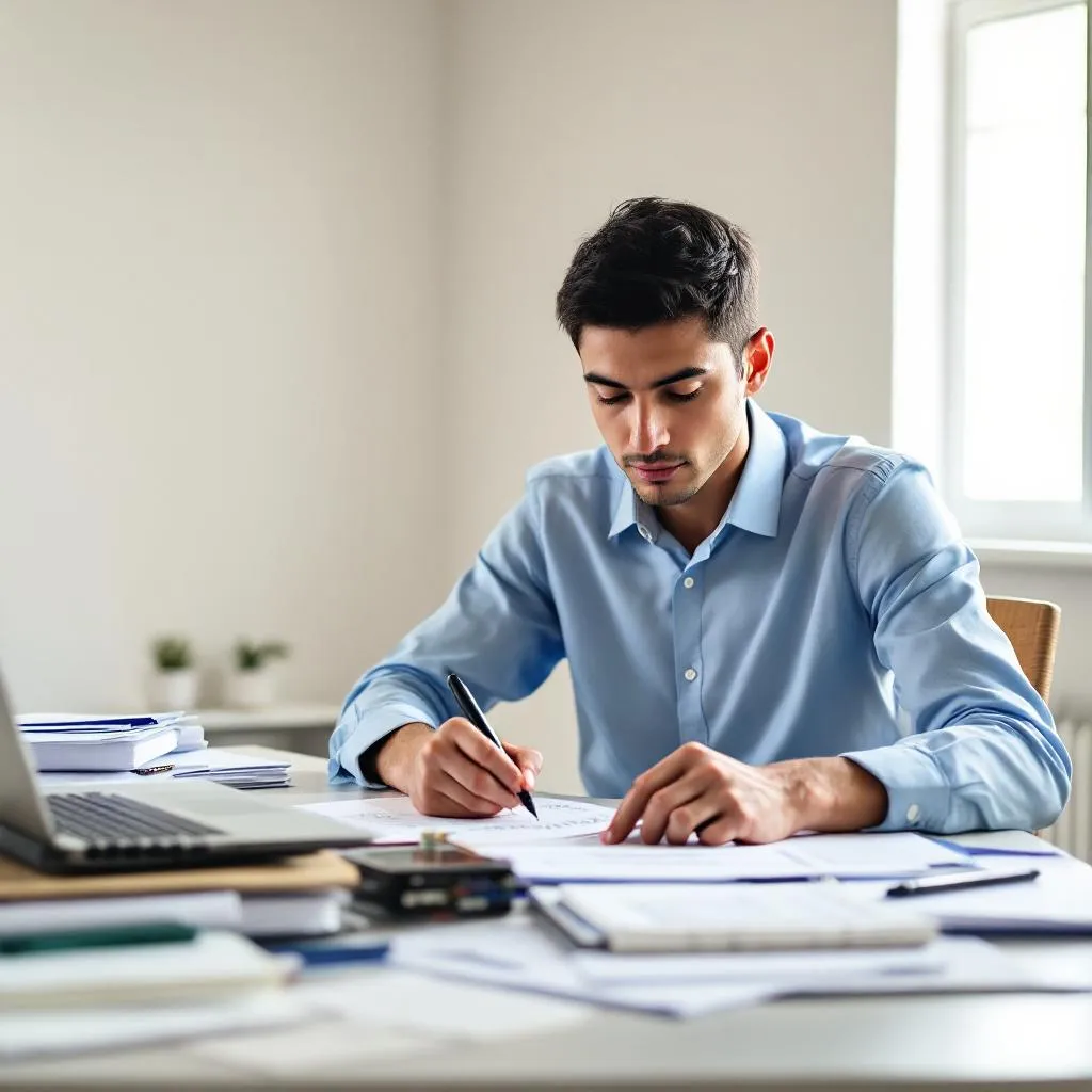 Finansal danışmanlık hazırlığı için belgeler ve notlar üzerinde çalışan bir kişi